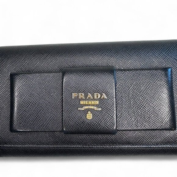Prada Women's Long Saffiano Black Leather Bifold Ribbon Wallet - Picture 5 of 16